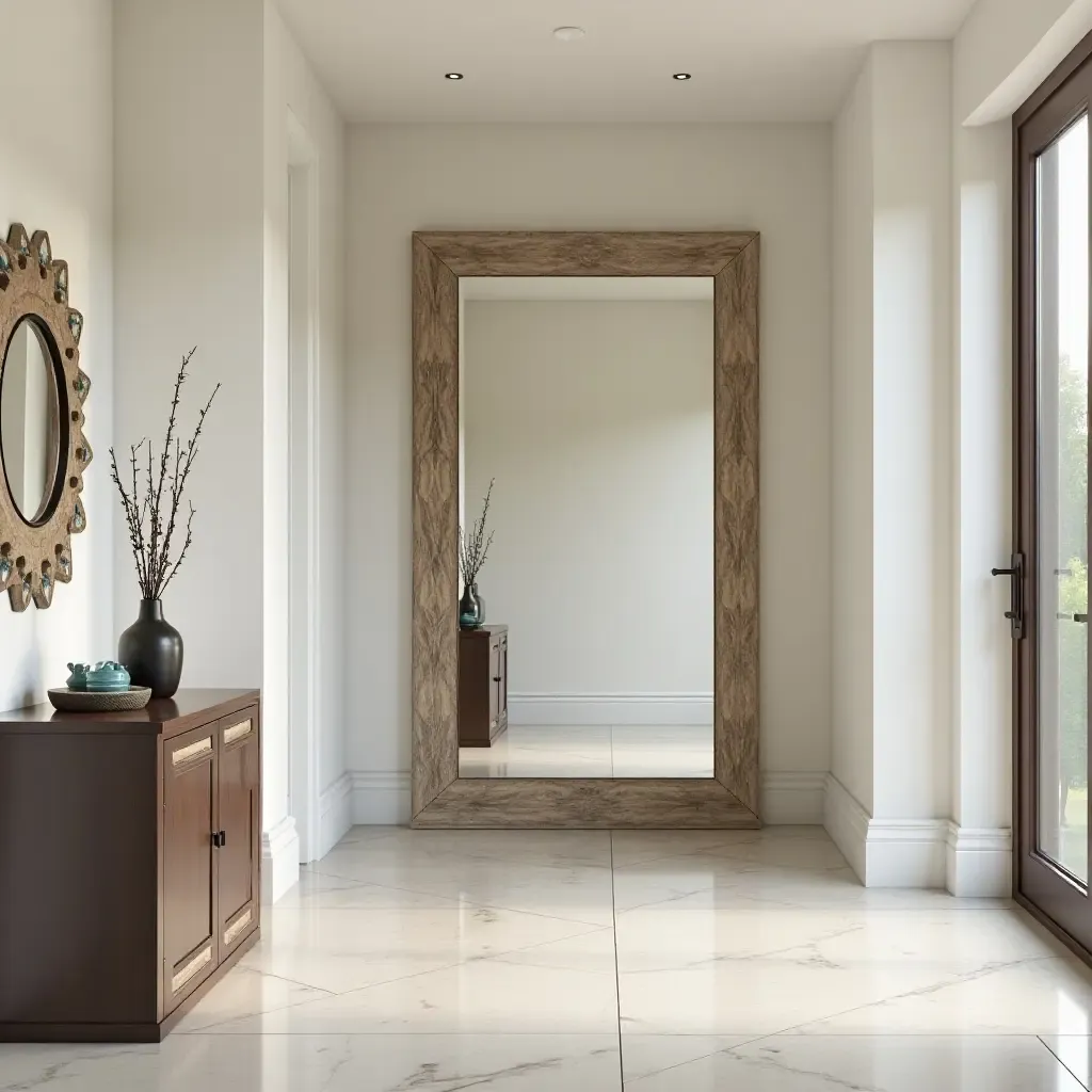 a photo of an inviting foyer featuring a large, decorative mirror