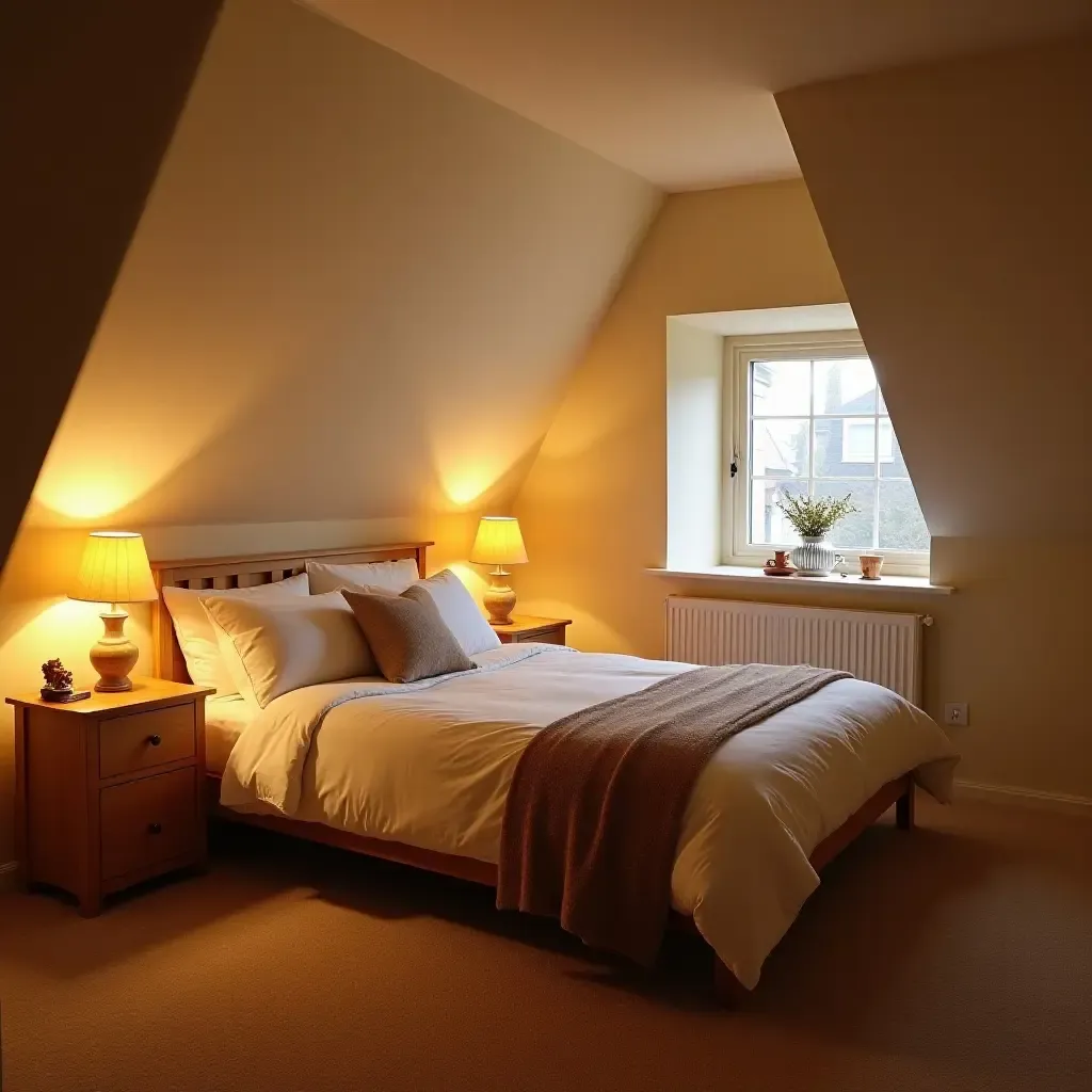 a photo of a cozy attic bedroom with sloped ceilings and warm lighting