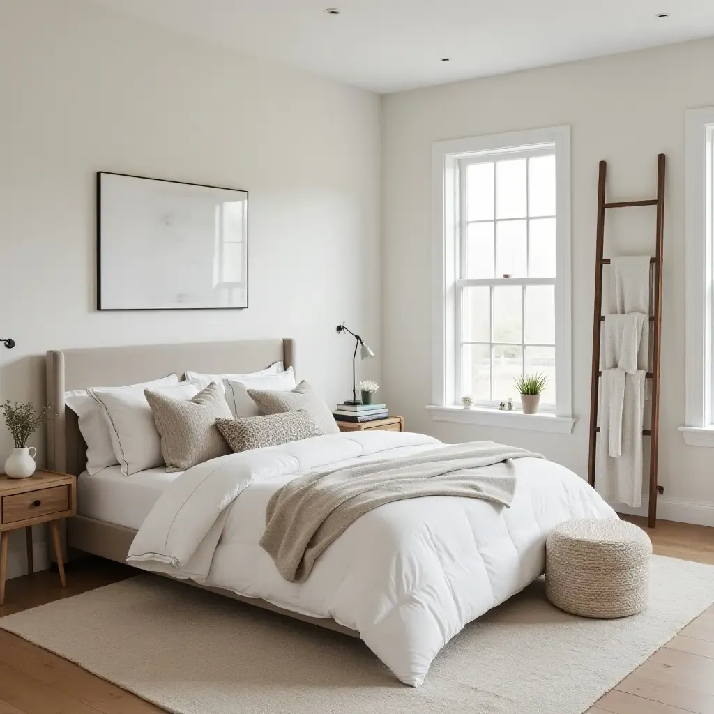 a photo of a stylish farmhouse bedroom with a decorative ladder and blankets