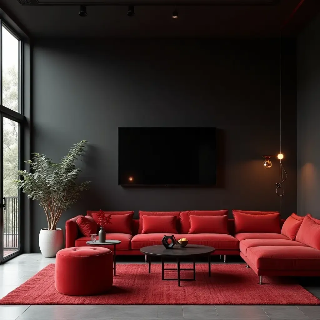 a photo of a contemporary living room with black and bright red details