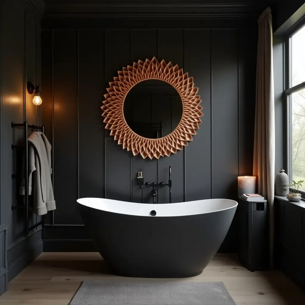 a photo of a bathroom with black and copper decor