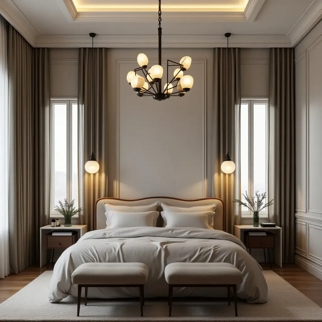 a photo of a classic bedroom with elegant pendant lighting matching vintage decor