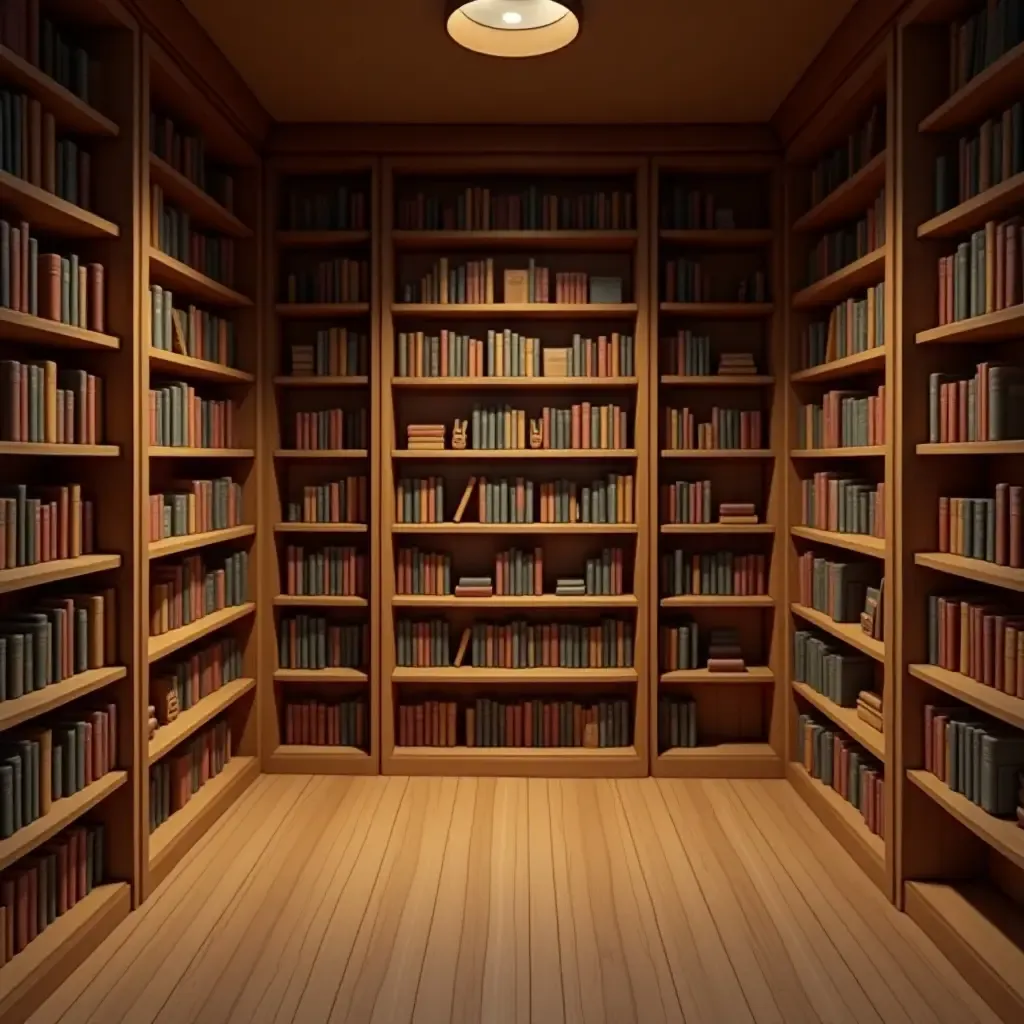 a photo of a library with wooden shelves and a warm color scheme