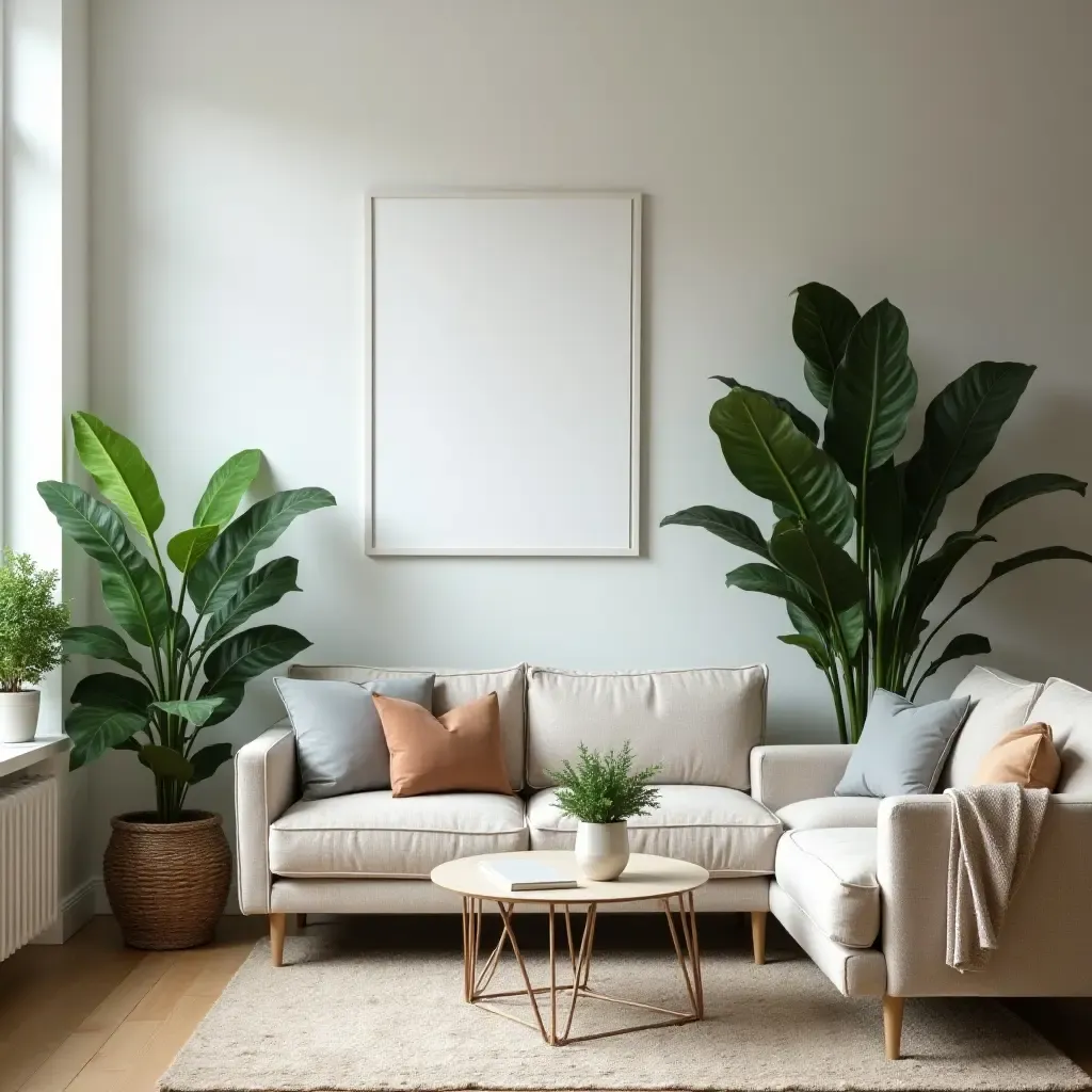 a photo of a chic apartment with large leafy plants