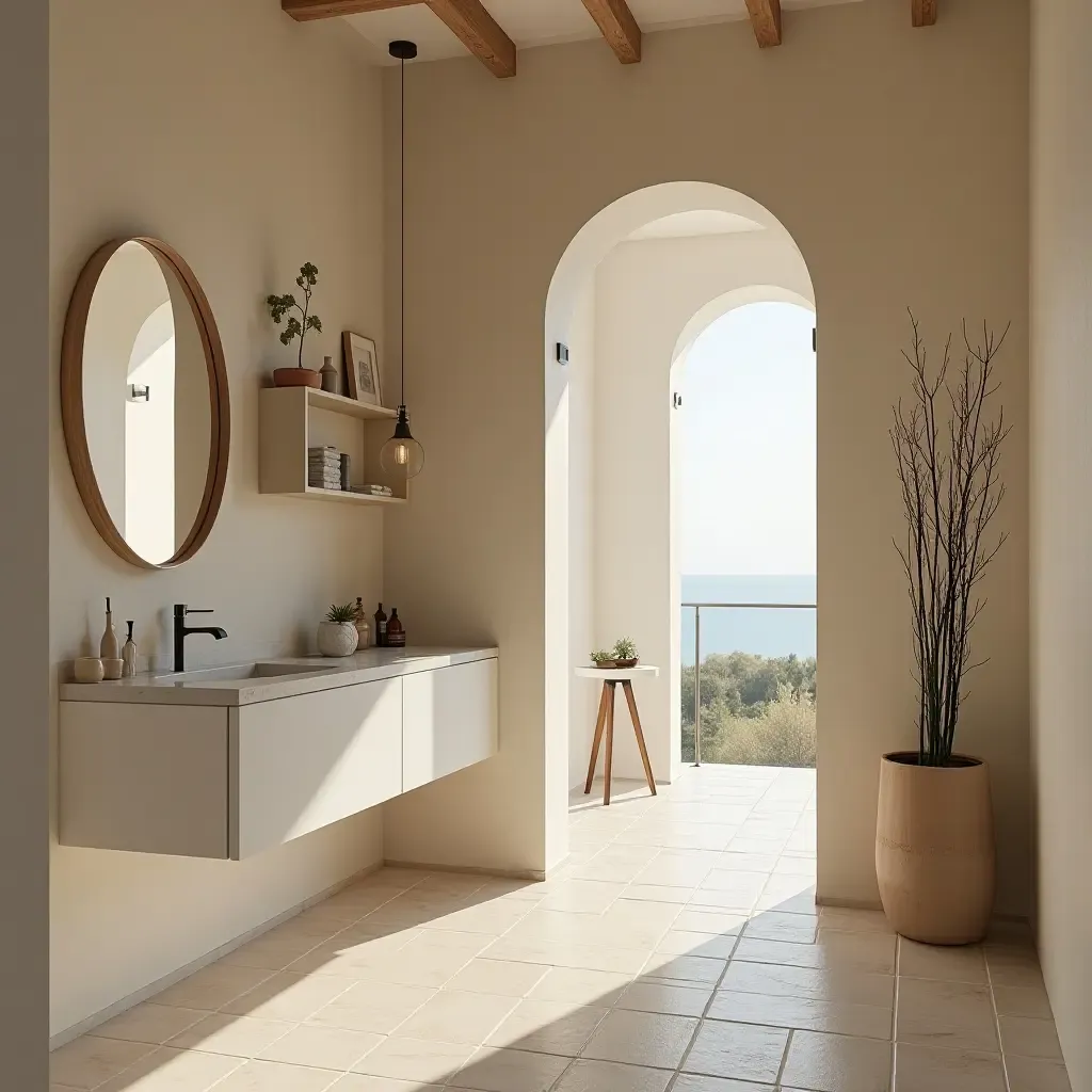 a photo of a bathroom with a Mediterranean-style archway and tiles