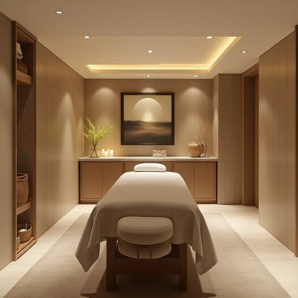 a photo of a basement spa area with a massage table and calming decor