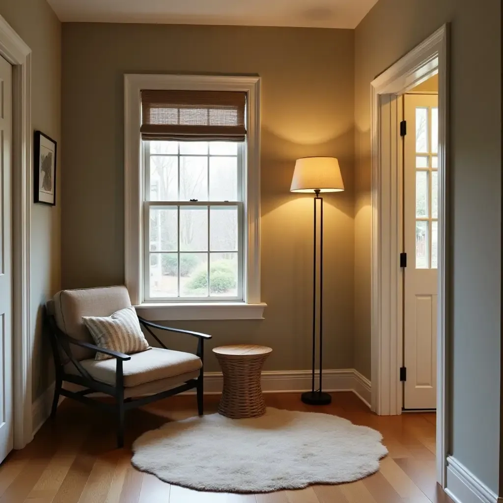 a photo of a cozy reading nook with a floor lamp in an entrance hall