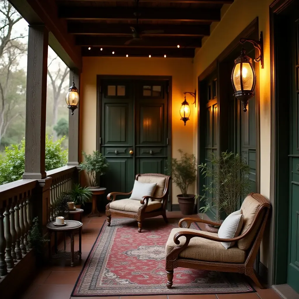 a photo of a balcony adorned with vintage lanterns and rustic furniture