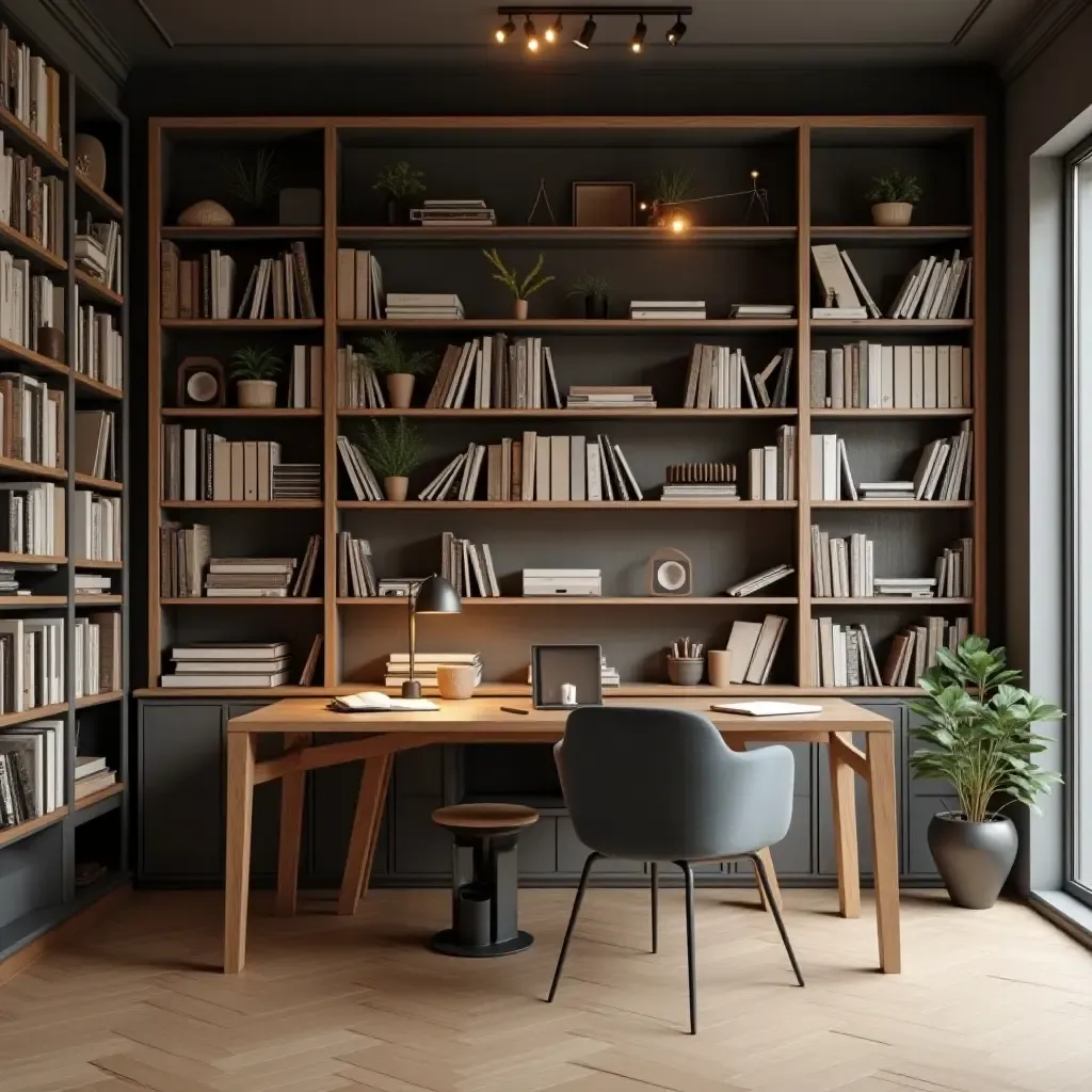 a photo of a sleek workspace in a library with minimal clutter