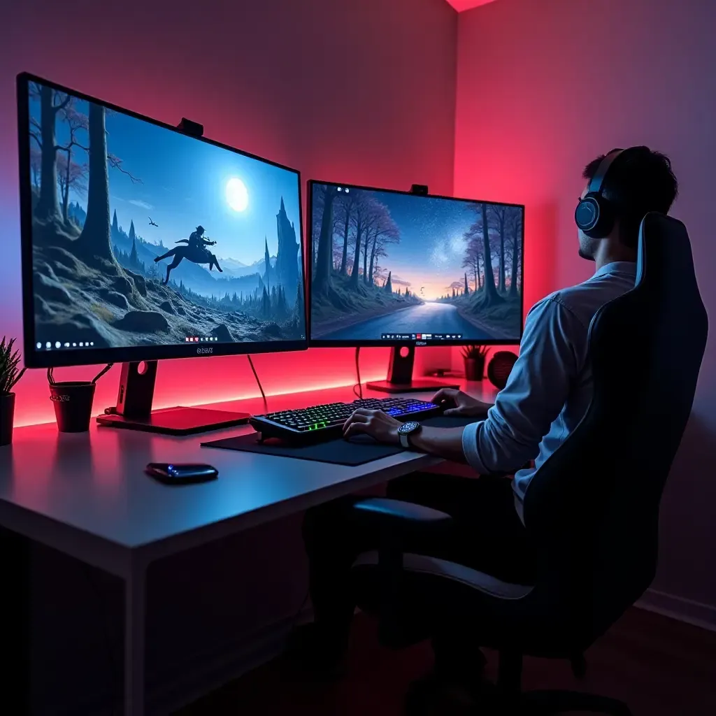 a photo of a tech-savvy workspace featuring a gaming setup and dual screens