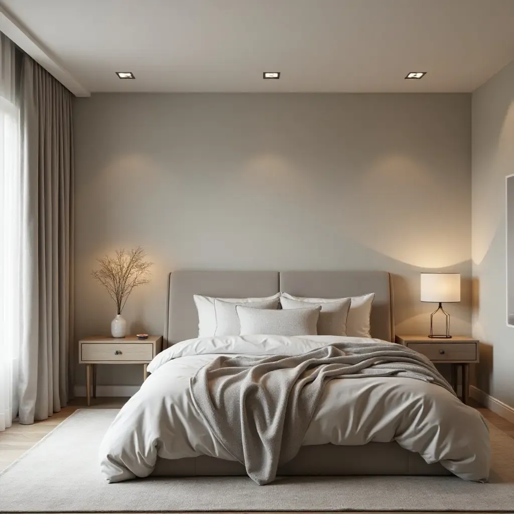 a photo of a minimalist basement bedroom with calming decor