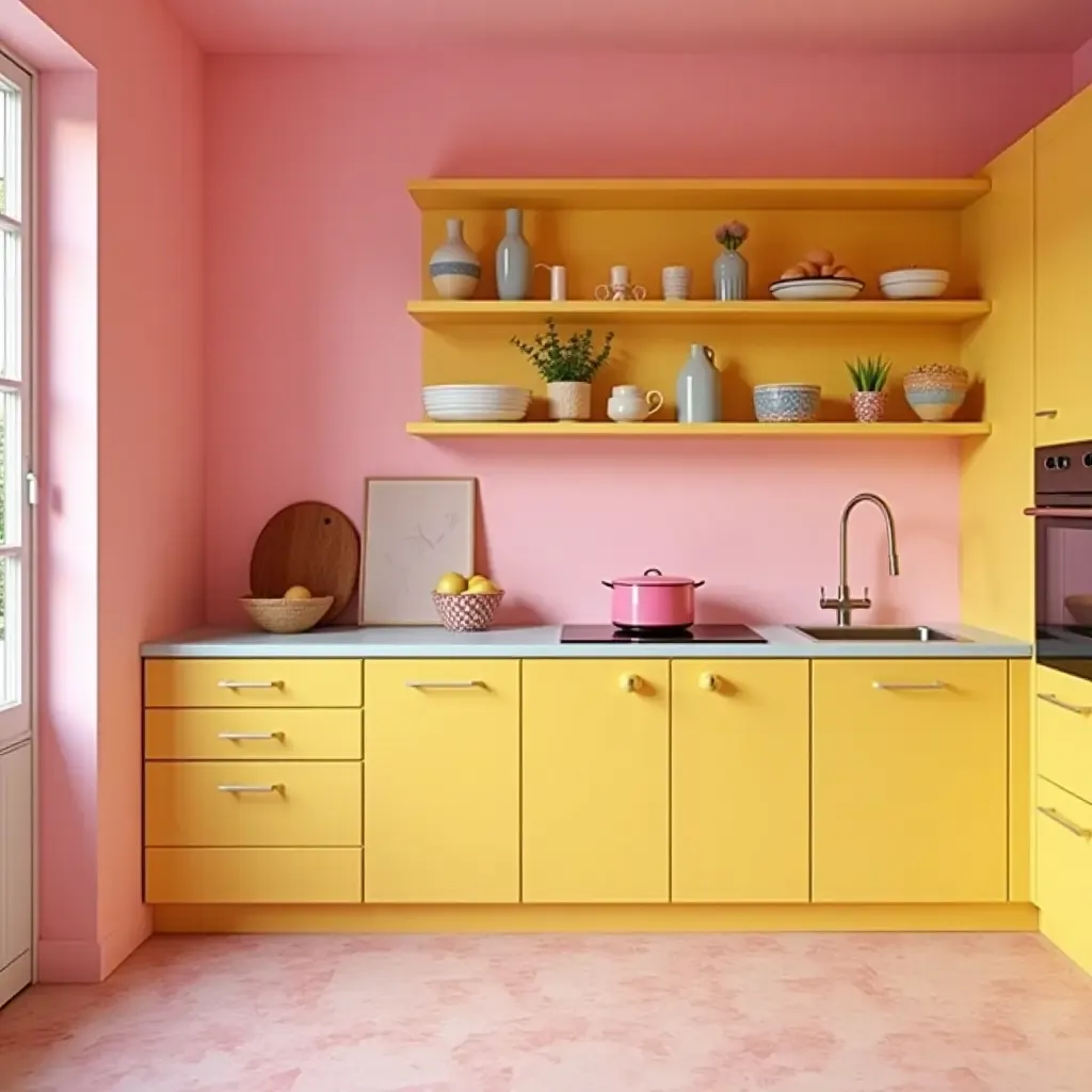 a photo of a lively pink and yellow kitchen with whimsical touches