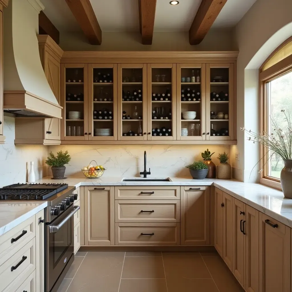 a photo of a kitchen with a Mediterranean-inspired wine rack