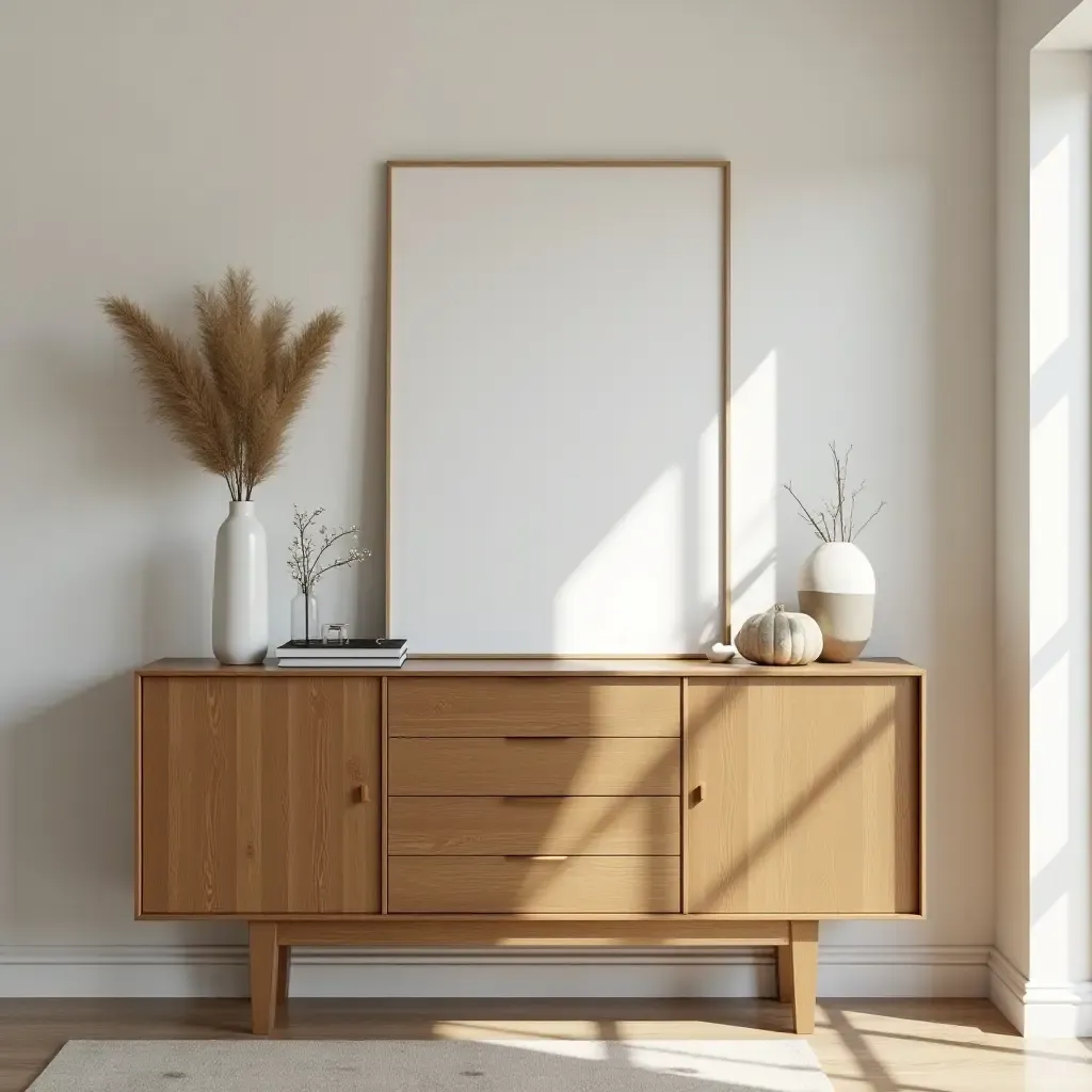 a photo of a wooden sideboard in a modern entryway