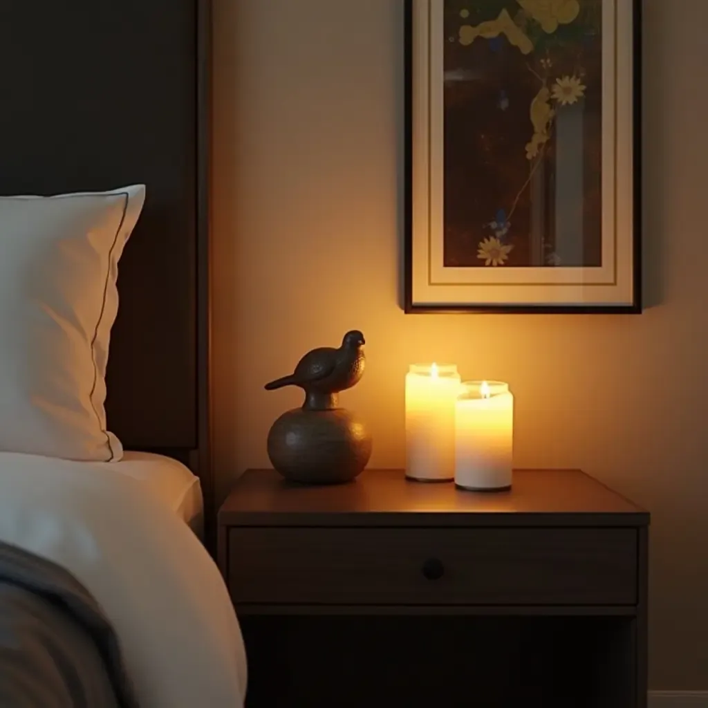 a photo of a nightstand with a unique art piece and candles