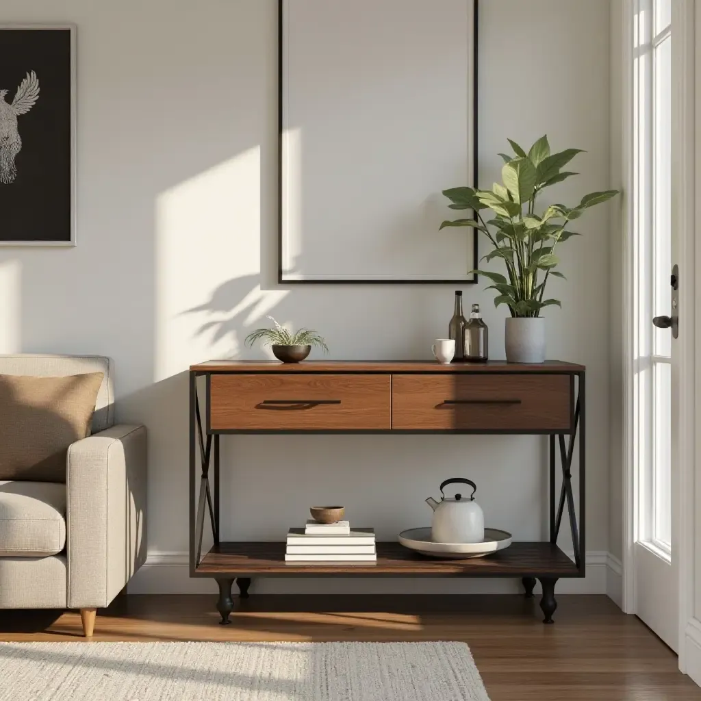 a photo of a contemporary coffee cart in a living room