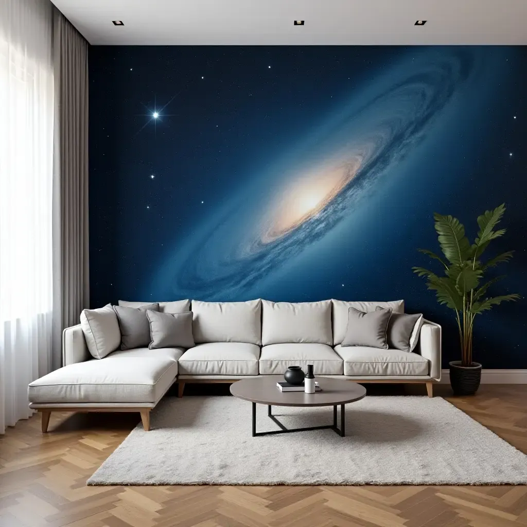 a photo of a living room featuring a celestial-themed wall mural