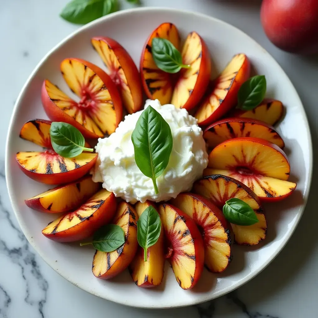 a photo of a modern antipasto with grilled peaches, burrata, and fresh basil.