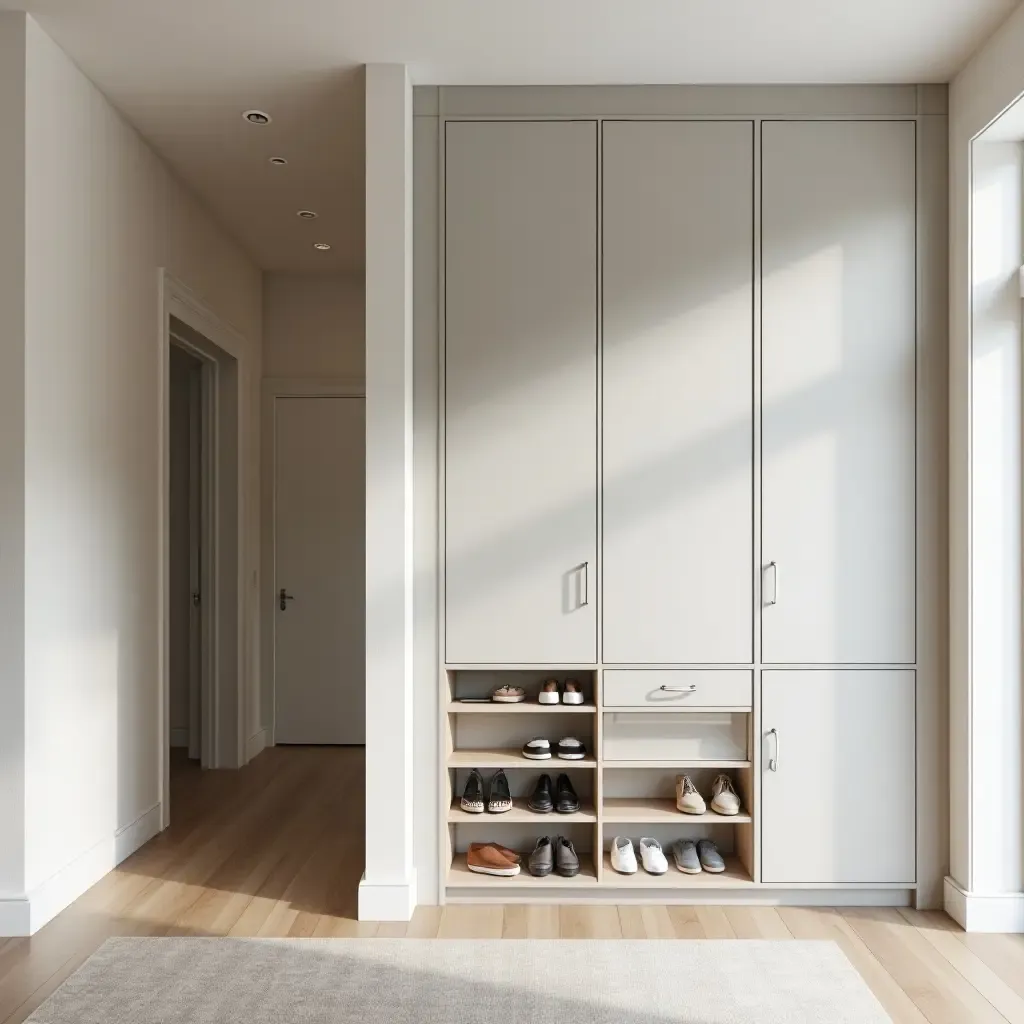 a photo of a modern Scandinavian entryway with a sleek shoe cabinet