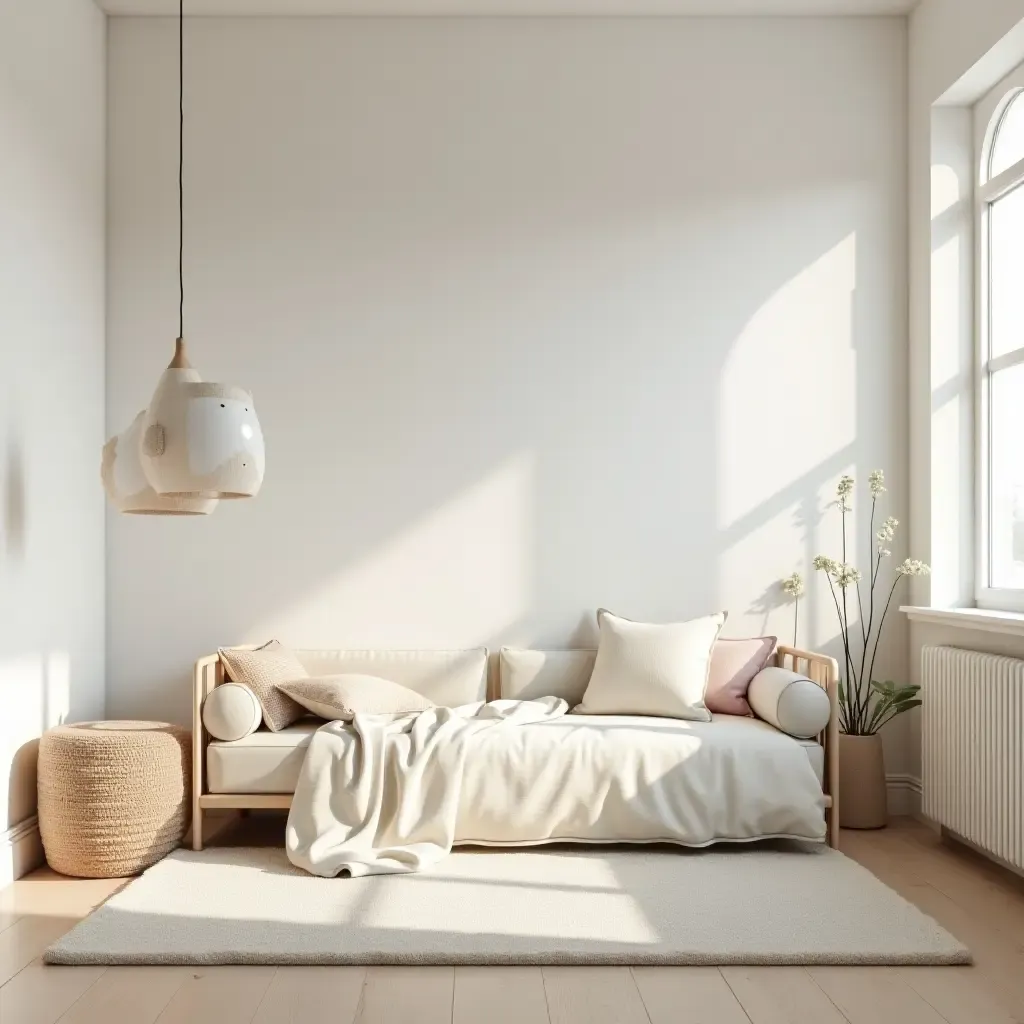 a photo of a minimalist-themed children&#x27;s room with a focus on open space and light