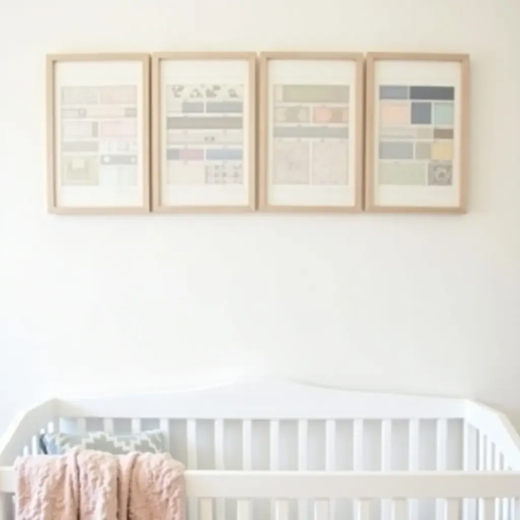 a photo of a nursery gallery wall with framed fabric swatches