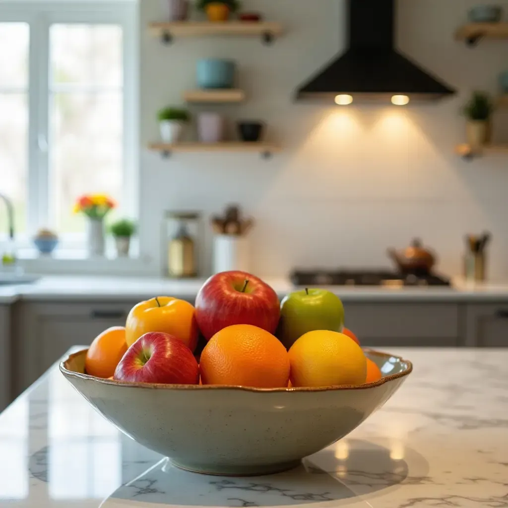 a photo of a kitchen with a vibrant fruit bowl centerpiece