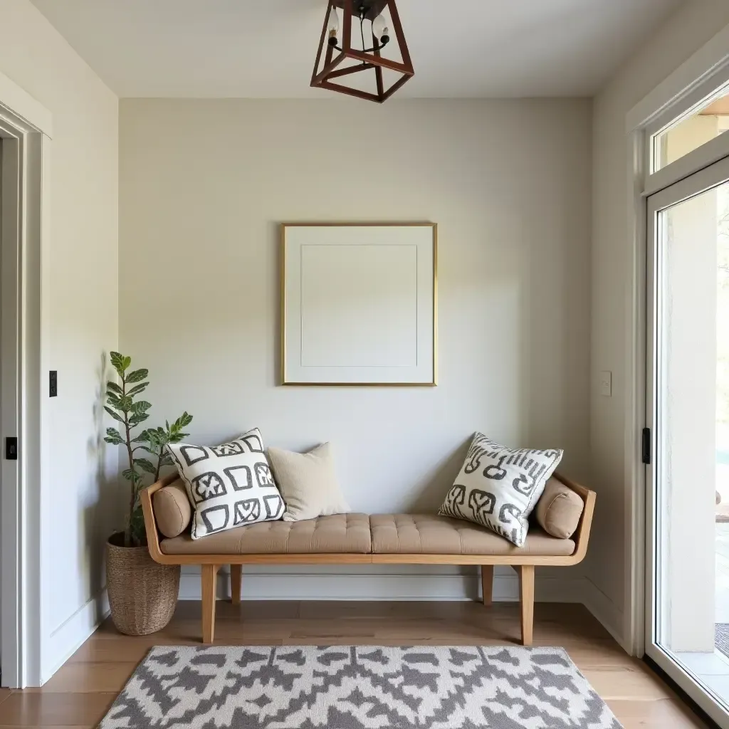 a photo of a welcoming entrance hall with oversized throw pillows on a bench