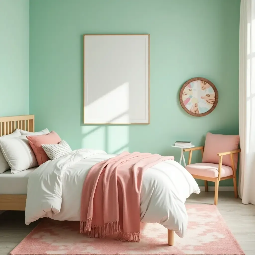 a photo of a refreshing seafoam green and coral bedroom for teens