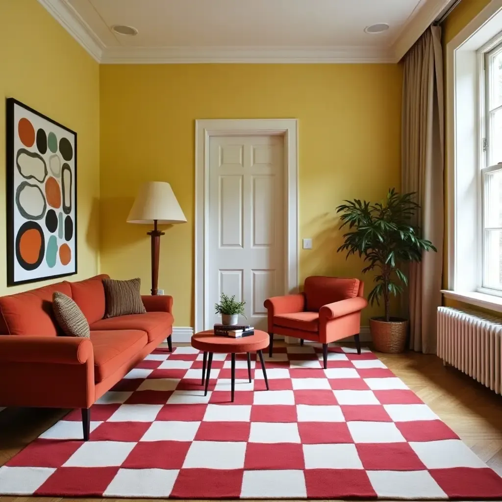 a photo of a bold checkerboard rug in a retro-inspired room