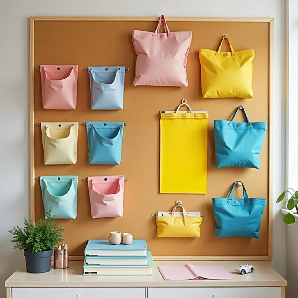 a photo of a vibrant bulletin board with storage pockets