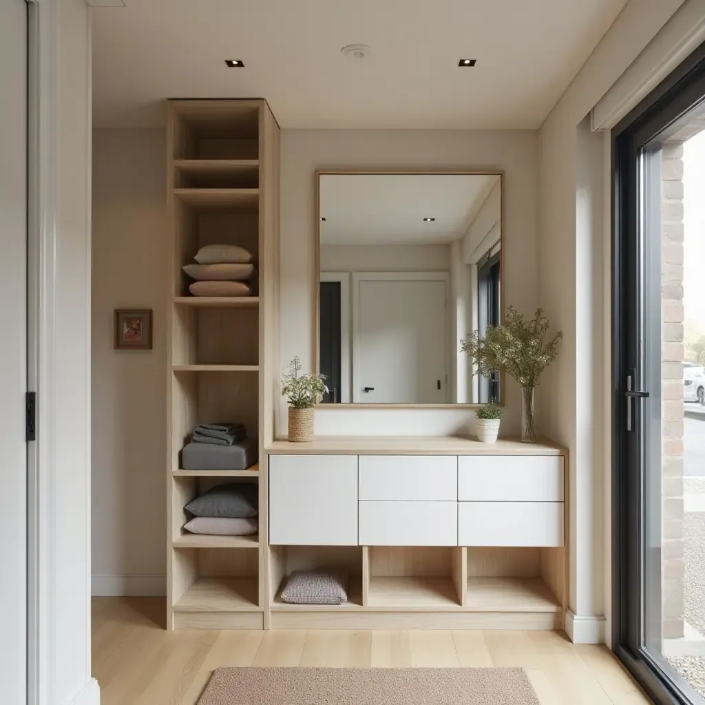 a photo of a compact entrance hall with smart storage solutions and a mirror