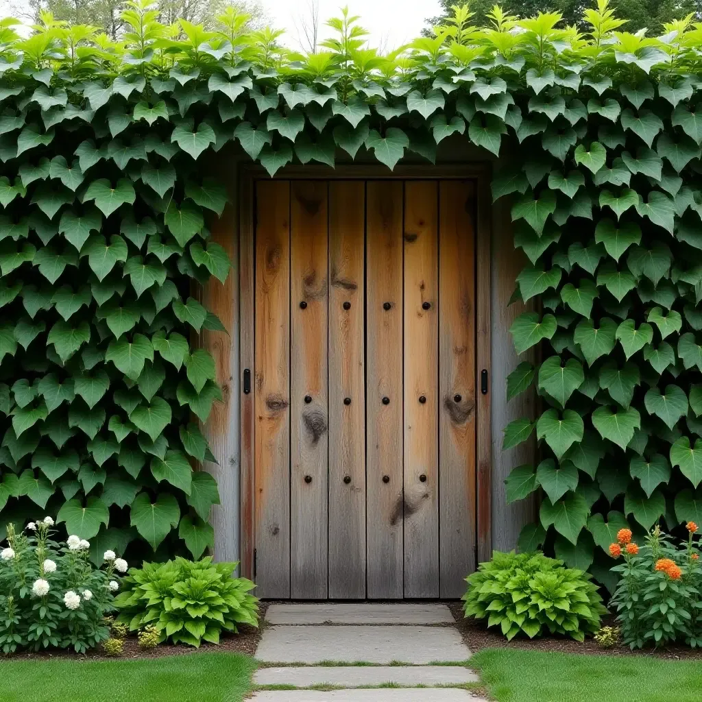 a photo of a rustic wooden garden wall adorned with climbing vines