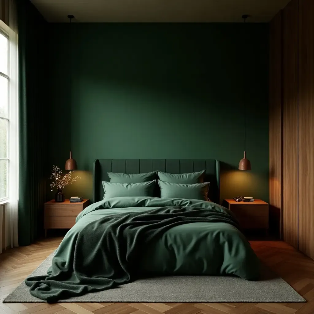 a photo of a dramatic dark green and copper bedroom with moody lighting