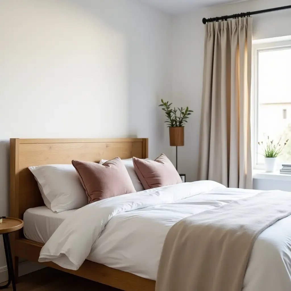 a photo of a minimalist bedroom with velvet throw pillows, a wooden bed frame, and linen curtains