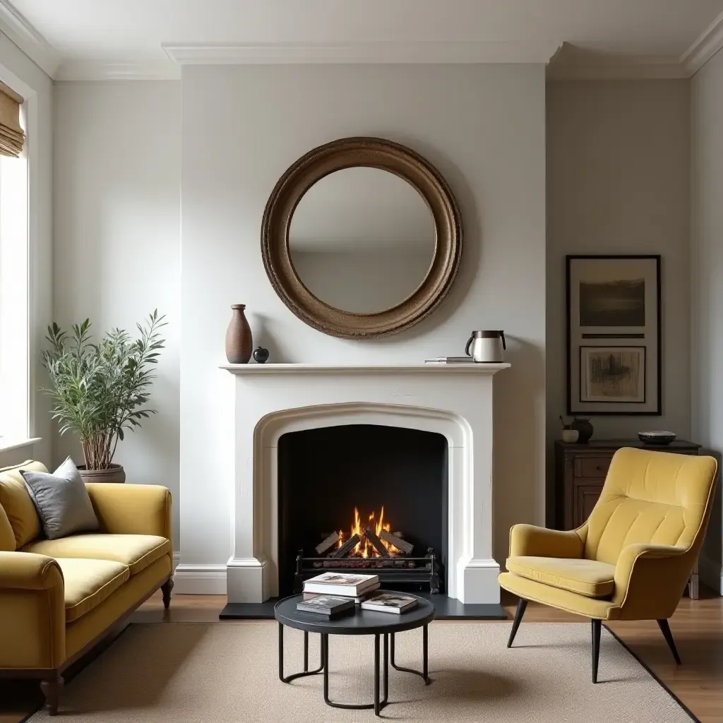 a photo of a stylish living room with a vintage mirror above a modern fireplace