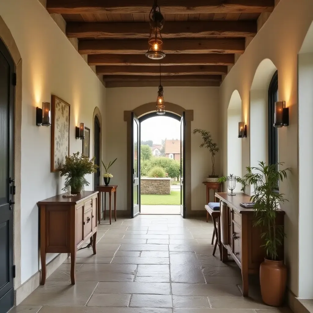 a photo of a charming hallway with a mix of rustic and modern elements