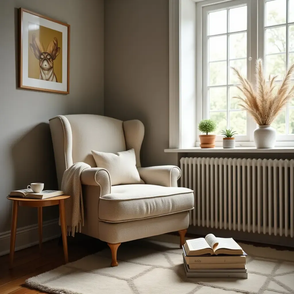 a photo of a reading corner with a comfortable chair and a blanket