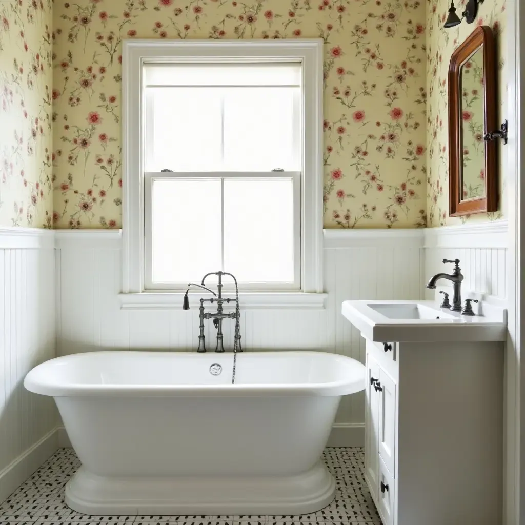 a photo of a bright bathroom featuring vintage wallpaper and modern fixtures