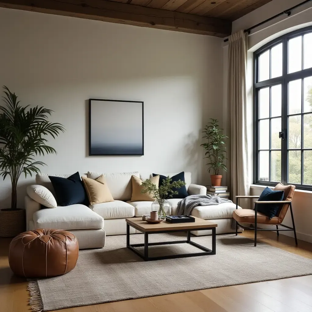 a photo of a cozy living room with a mix of industrial and farmhouse elements