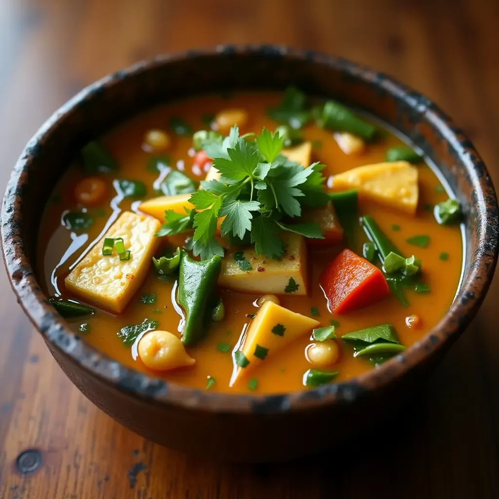 a photo of spicy Thai green curry with tofu and vegetables in a traditional clay pot.