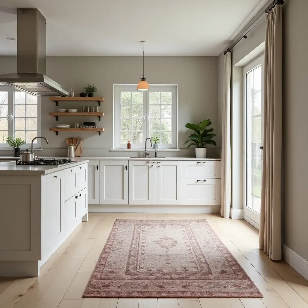 a photo of a spacious kitchen with a stylish area rug