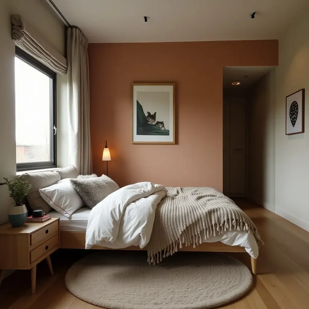 a photo of a shared bedroom with a unique room divider and personalized decor