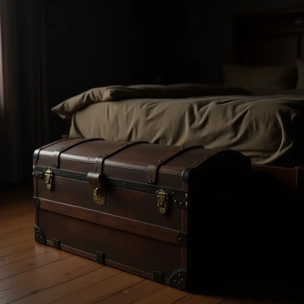 a photo of a vintage trunk at the foot of a dark bed