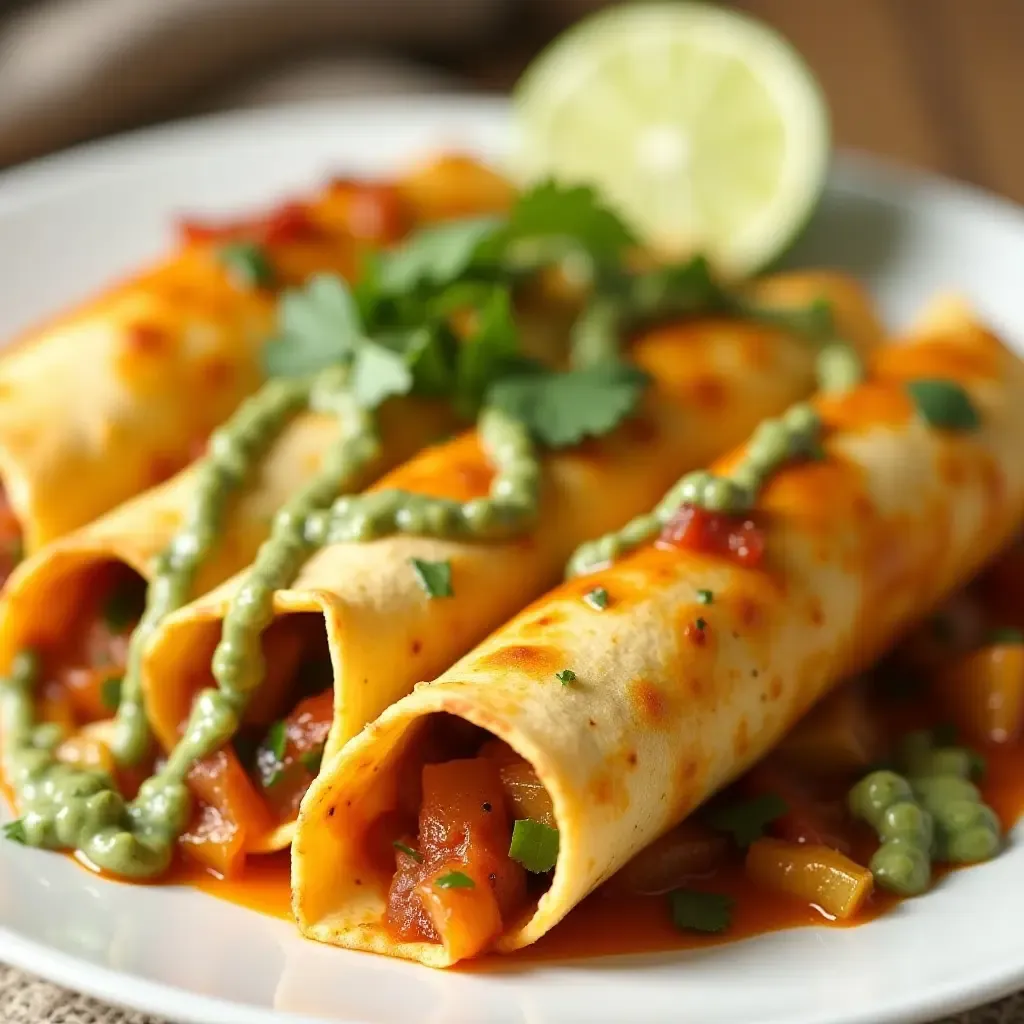 a photo of corn tortilla enchiladas stuffed with roasted veggies and green sauce.