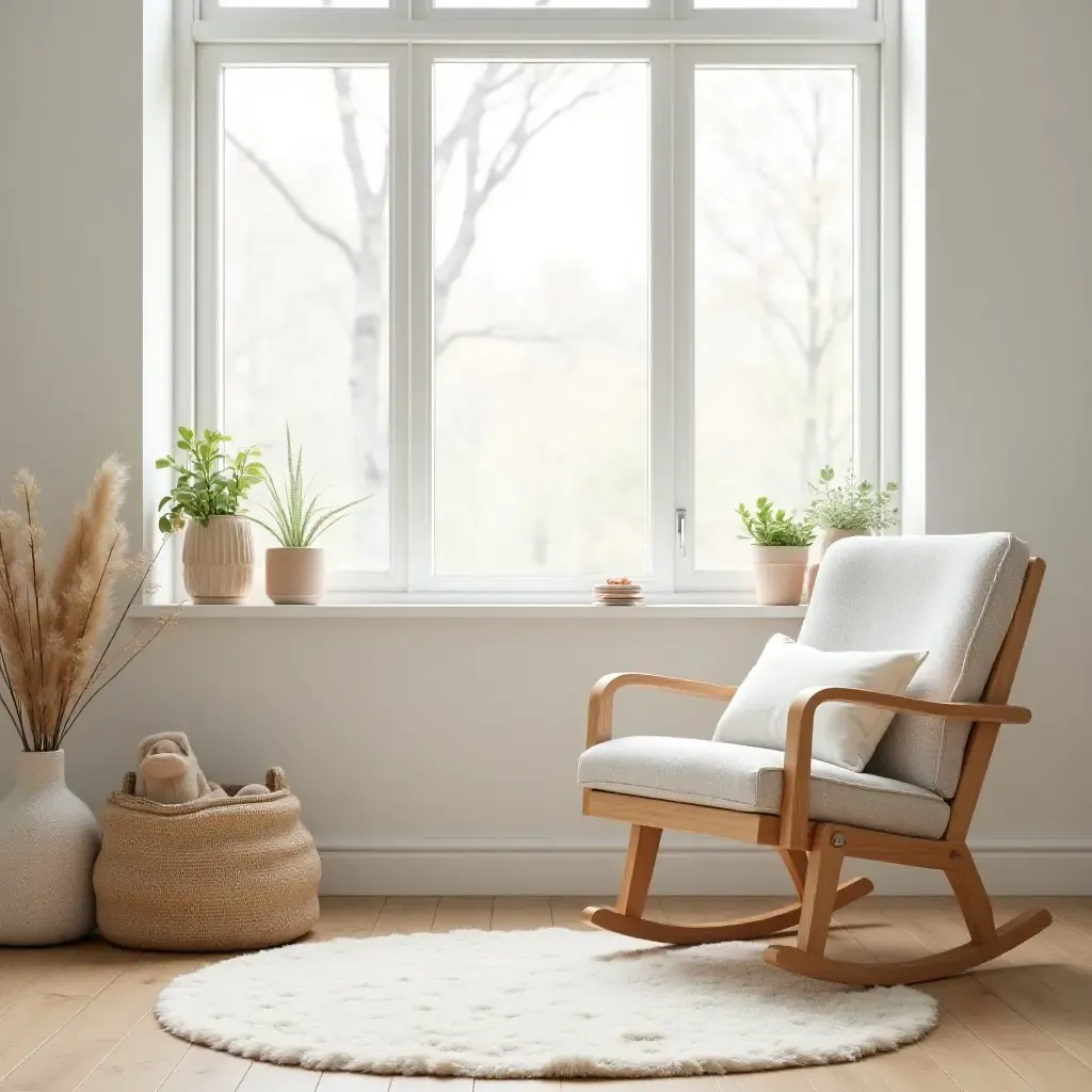 a photo of a peaceful nursery with a wooden rocking chair and nature-inspired decor