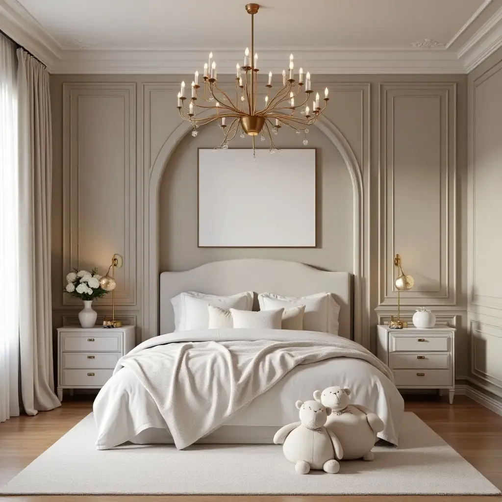 a photo of a glamorous kids&#x27; room featuring elegant furniture pieces