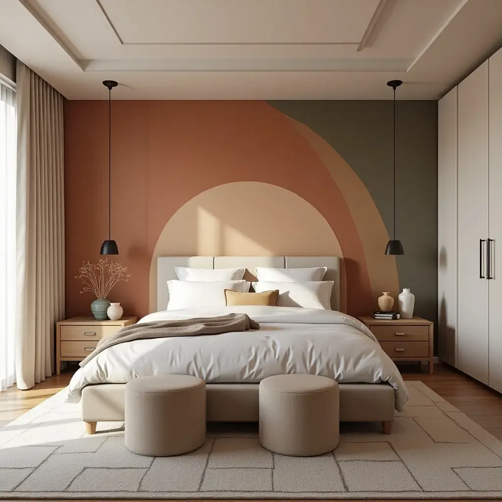 a photo of a chic bedroom with a Southwestern color block feature wall and modern furniture