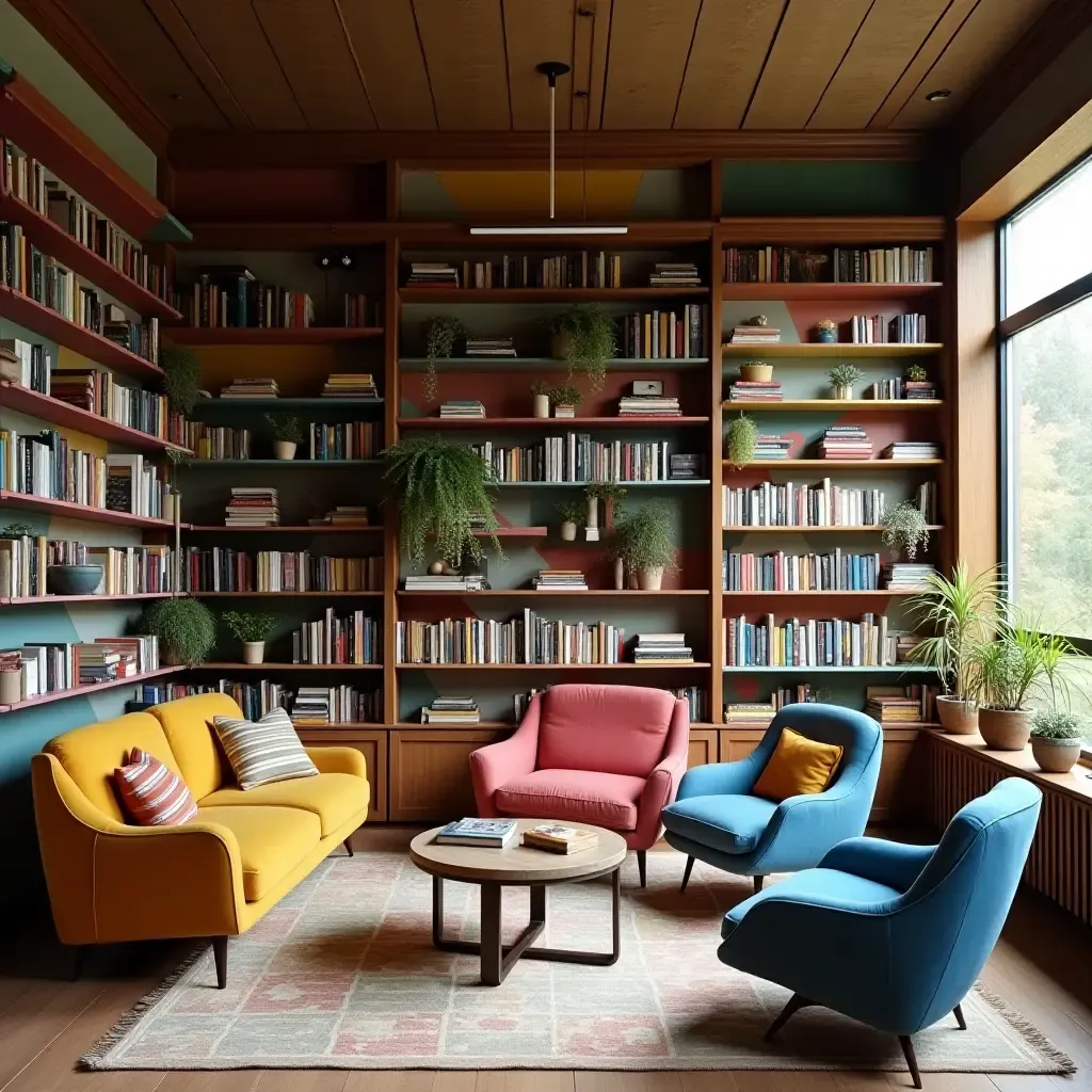 a photo of an eclectic library with mismatched, colorful shelves