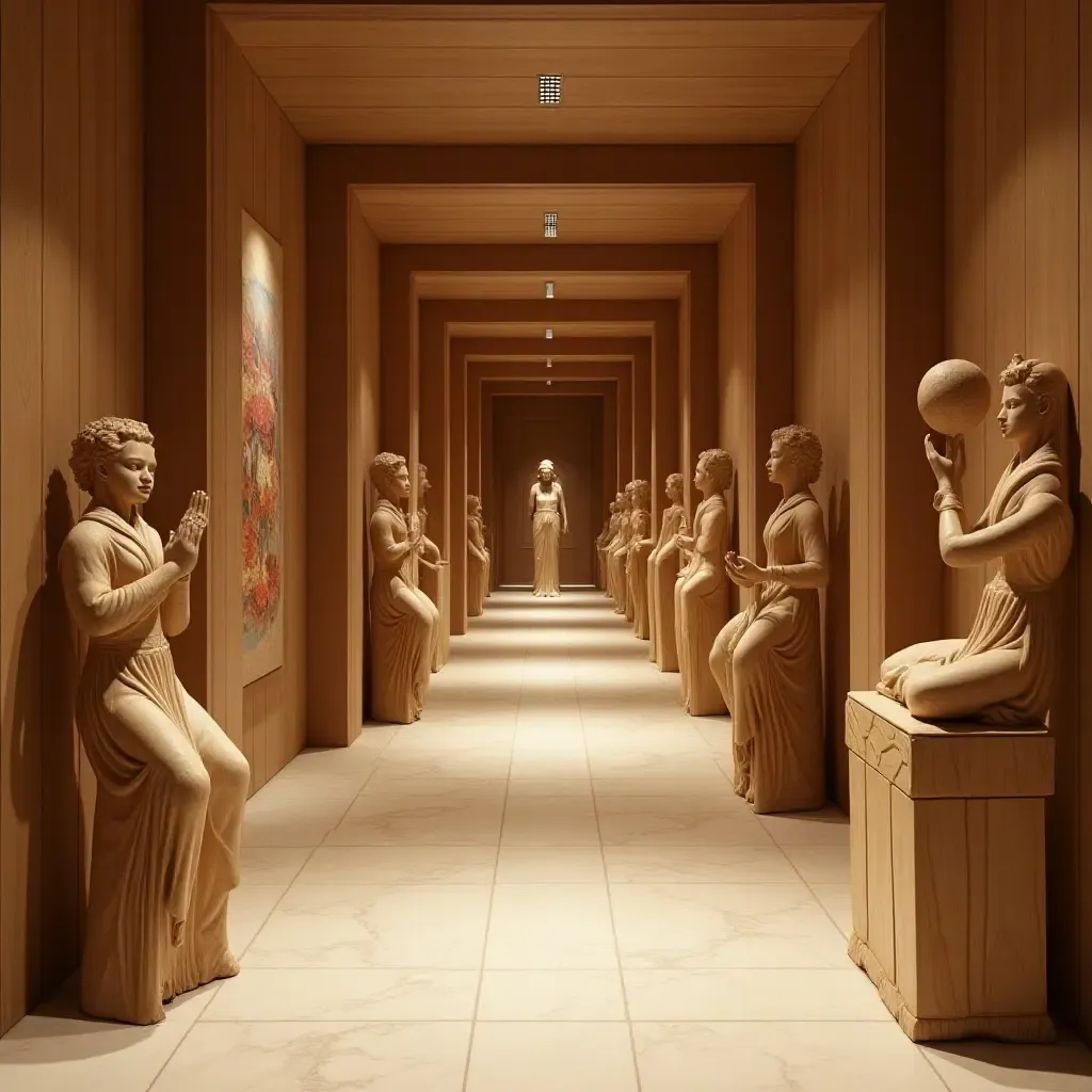 a photo of a corridor featuring wooden sculptures and art