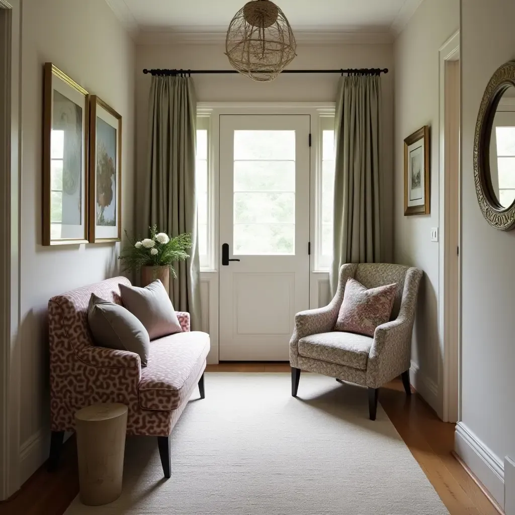 a photo of a cozy foyer with a mix of patterned fabrics and textures